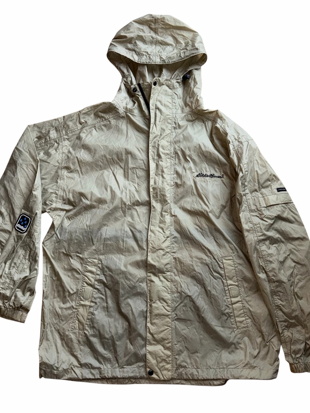 Eddie Bauer Men's Large Raincoat Waterproof Packable Hooded Beige Lightweight